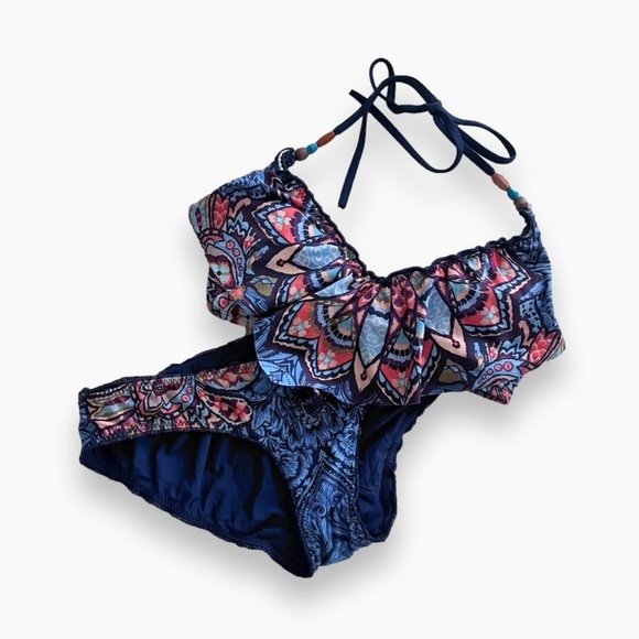 LUCKY Brand Bikini Set in Navy and Coral Batik Print Women’s Size Medium EUC - Picture 1 of 8